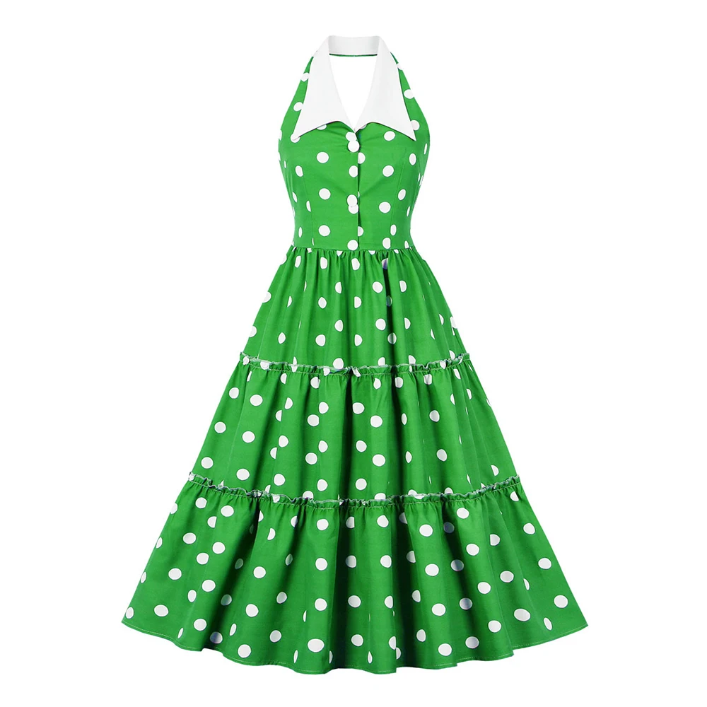 

New Women's Vintage Polka Dots A Line Dresses 2023 Summer Green Halter Neck Button Up High Waist Pleated Dress For Women VD3907