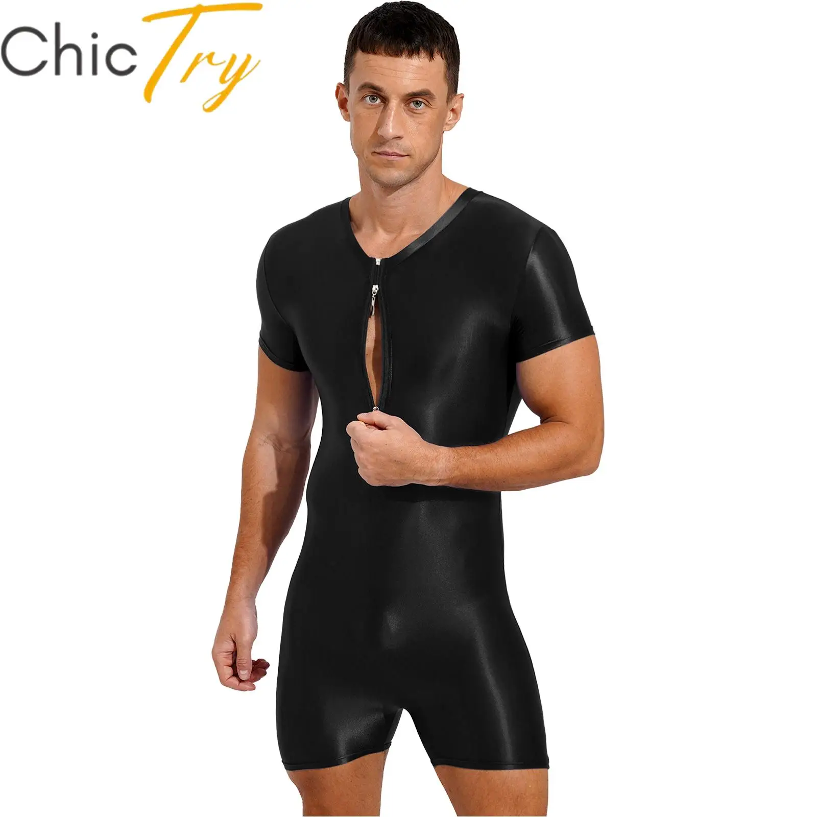 

Mens Glossy Jumpsuit Boyleg One-Piece Swimsuit Double Zipper Sport Bodysuit Leotard for Swimming Gymnastics Bodybuilding Workout