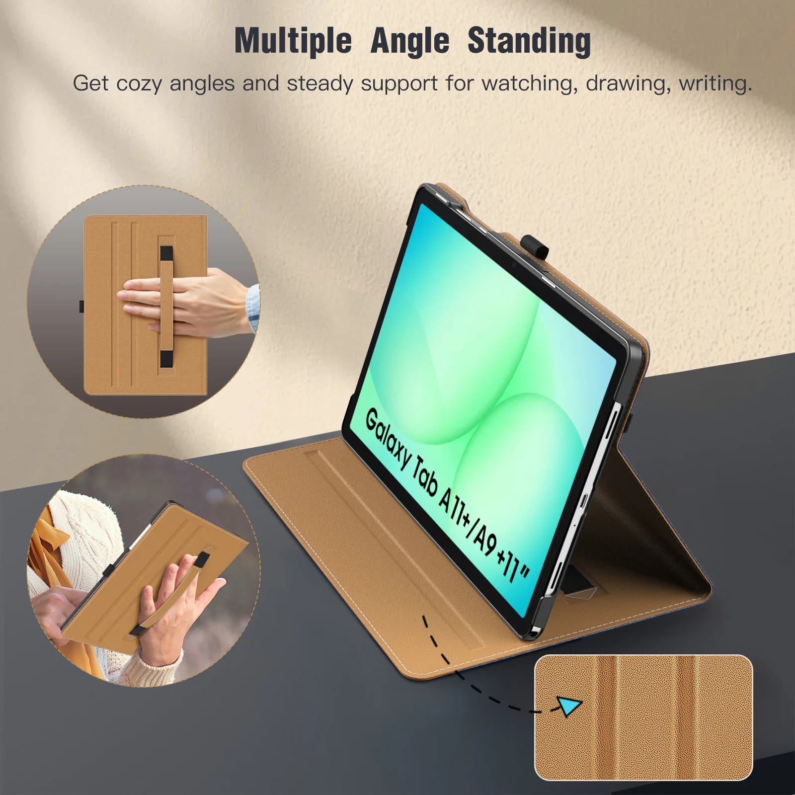 Premium PU Leather Multi-Angle Folding Stand Tablet Case with Hand Strap, 11-Inch