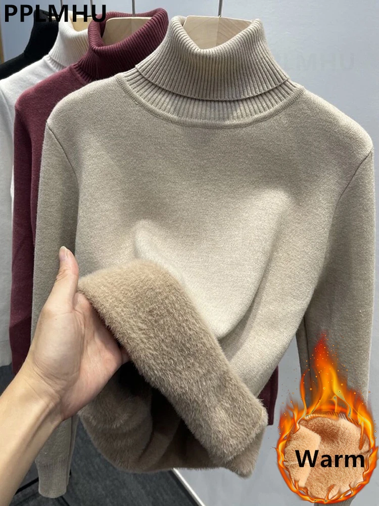 Thicken Velvet Turtleneck Sweater Women Korean Fashion Lined Warm Sueter Knitted Pullover Slim Top Winter Jersey Knitwear Jumper 1