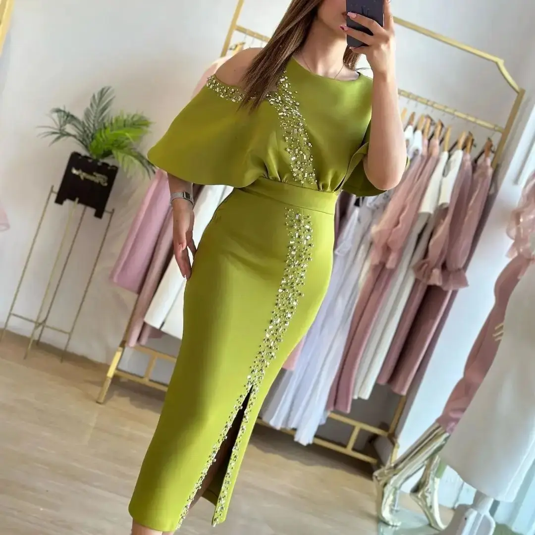Santorini Vestidos De Graduaci&oacute;n Prom Dresses for Women O-Neck Beaded Side Slit Cocktail Party Evening Gowns Half Sleeves Dress