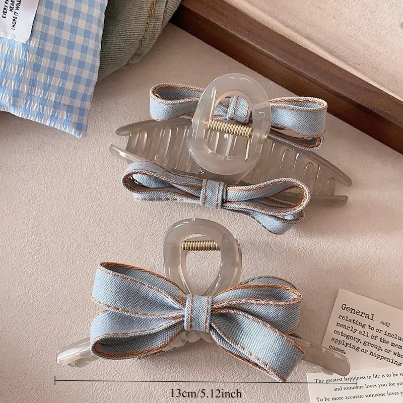 2Pcs Denim Bogen Clip Transparent Acryl Haar Clip Koreanische Casual Mittelgroße Disc Haar Clip Täglichen Pendeln Stirnband klaue Clip