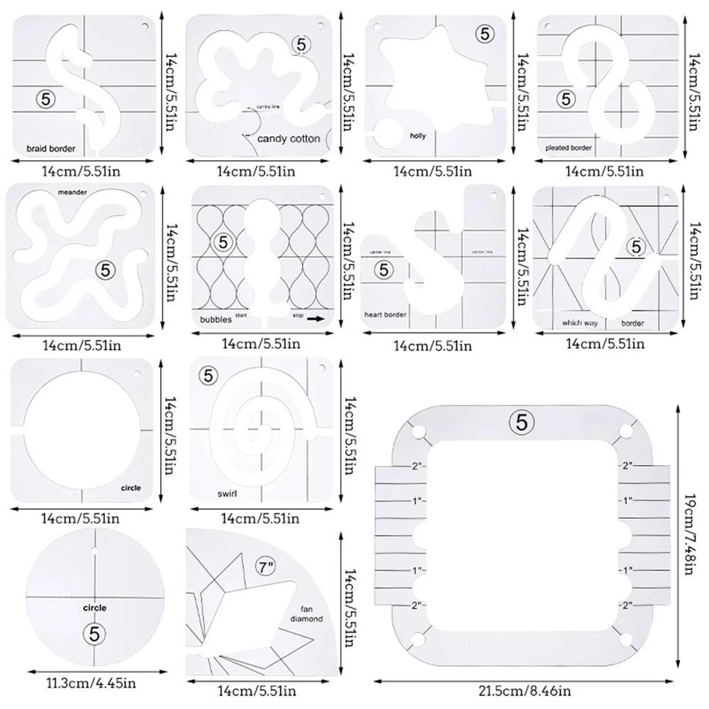 13-Type-Acrylic-Free-Motion-Quilting-Template-Ruler-Sewing-Machine ...