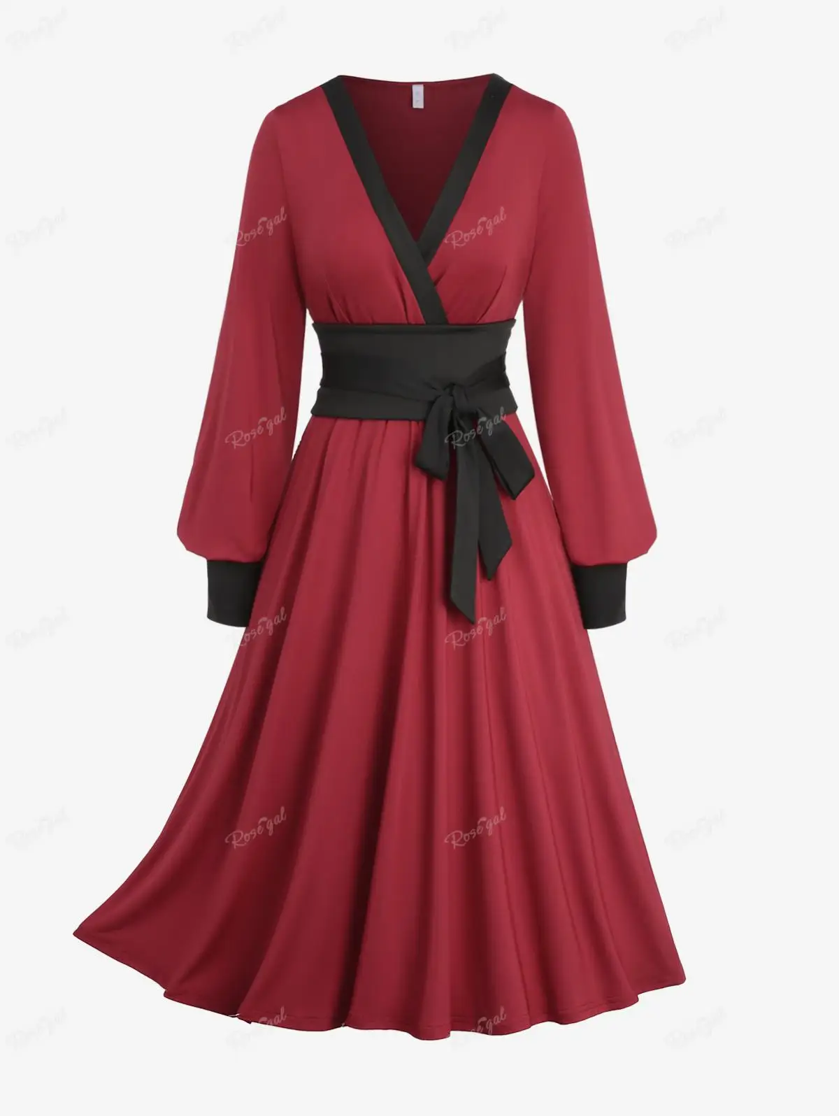 ROSEGAL-Robe à manches évêque à volants, robes à col en V rouge