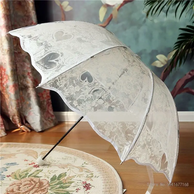 Aluminum Alloy Lace Umbrella for Women, White, Pink, Transparent, Love Print, Three Fold, Skeleton, Creative, Summer, 1Pc
