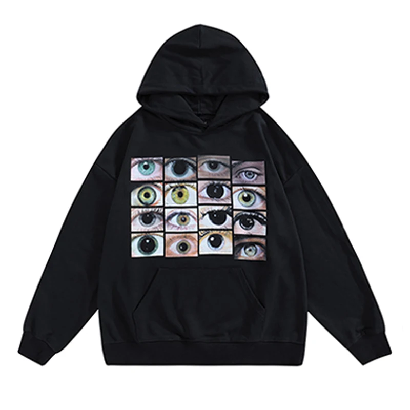 

2023 Men Hip Hop Streetwear Hoodie Sweatshirt Eyes Print Harajuku Pullover Autumn Cotton Casual Hooded Hoodie Black Sweat Shirt