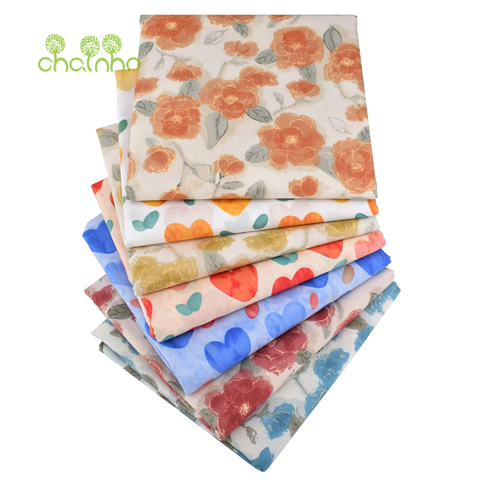Chainho,Printed Plain Weave Poplin Cotton Fabric,DIY Sewing Quilting Material,Patchwork Cloth Textile,Big Size,5PC02-7