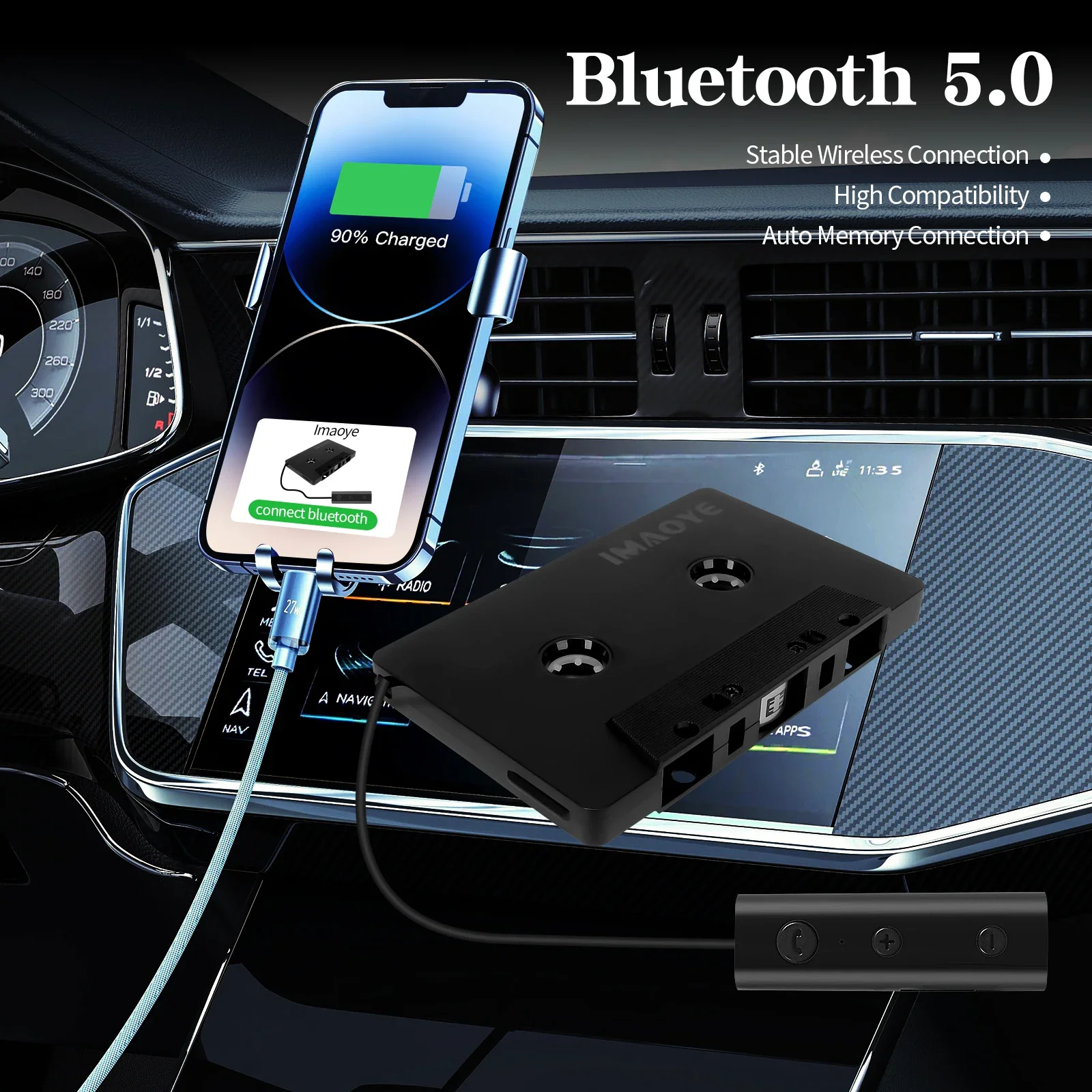 Bluetooth 5.1 Car Audio Stereo Cassette Vehicle Tape Converter Cassette Work While Charging Support TF Card
