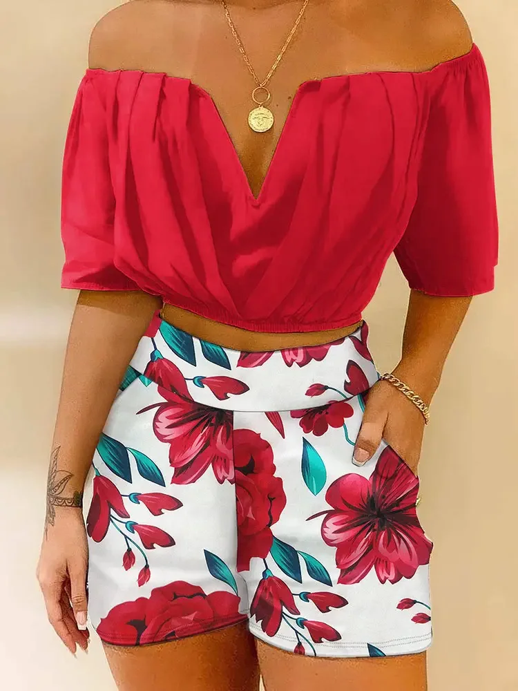 Conjunto de 2 formado por Top y pantalón corto, hombros estampado Tropical, pantalones cortos|Conjuntos de mujer| - AliExpress
