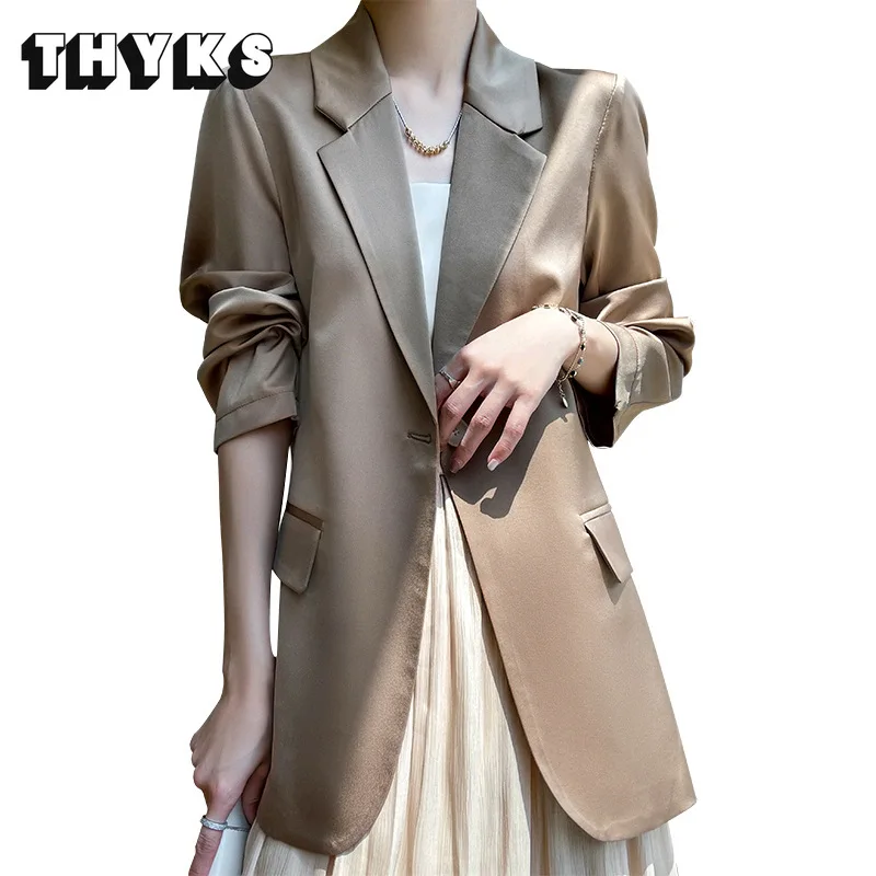 

Spring Autumn New Silk Face Blazers Coat Women Temperament Elegant Single Button Blazer Top Lady Office Suit Commuter Versatile