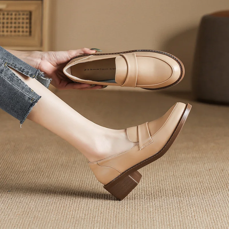 

Loafers Shoes Spring Autumn New Fashion Women's Thick High Heel Fairy Genuine Leather Temperament Ladies Shoes