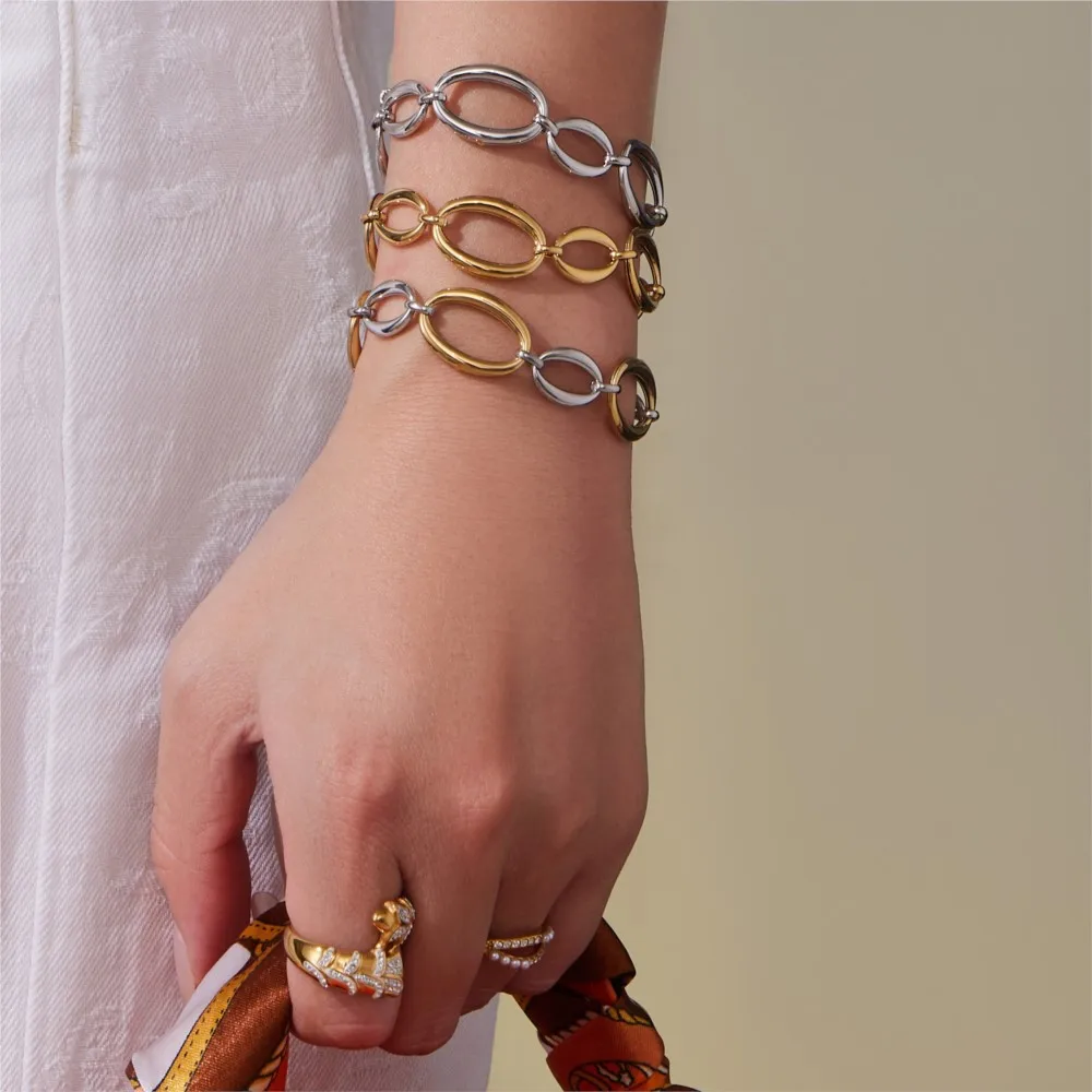 Elegant Two-Tone Stainless Steel Necklace and Bracelet Set - 18k Gold Plated Chunky Chain Jewelry