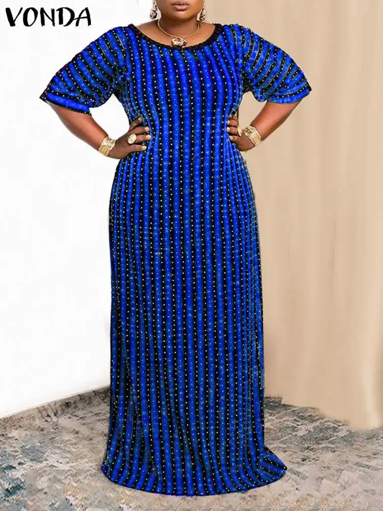 VONDA Elegant Dress 2023 Women Bohemian Striped Printed Maxi Holiday