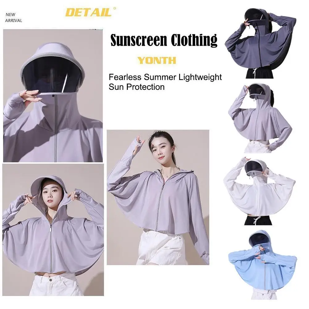 Summer Ice Silk Sun Protection Quick Dry Jacket Skin Windbreaker Hooded Shade Top Outdoor Mask UV Protection Coat Woman Clothing summer outdoor sun protection hooded sun protection breathable anti ultraviolet ice silk quick drying loose fishing clothing