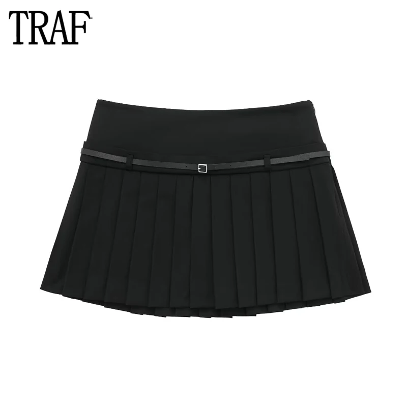 

TRAF Box Pleated Mini Skirts for Women Black Mid Rise Women's Skirts Belt Office Short Woman Skirts Streetwear Skirt Skort Women