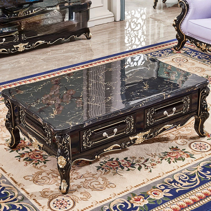

Кофейный столик в европейском стиле, резной мраморный столик из массива дерева, чайный столик, набор мебели из черного дерева