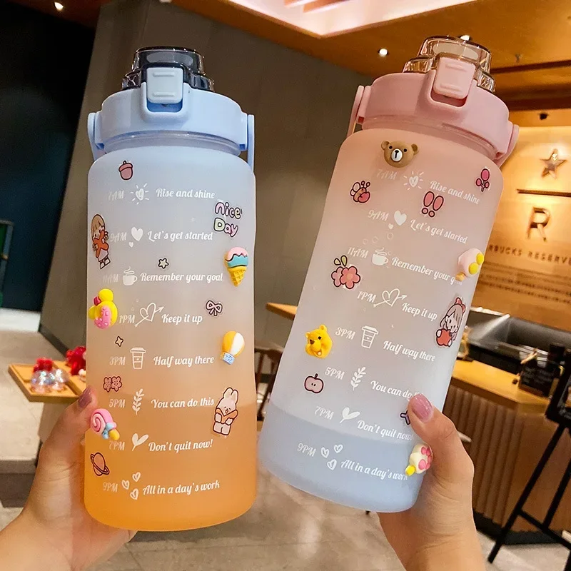 2000ml Super-Capacity Sports Water Bottle With Bounce Cover Time Scale Straw Cup Colorful Portable Outdoor Travel Water Bottle