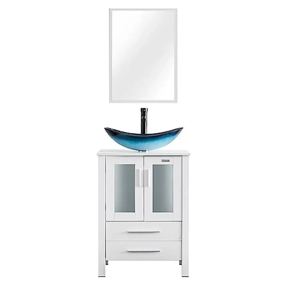 24" White Bathroom Vanity Stand Cabinet with Blue Boat Tempered Glass Sink & ORB Faucet Spacious Storage High Quality Material &