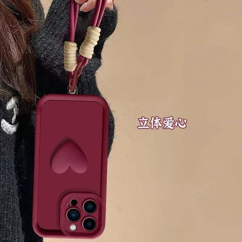 3D Love Heart Wrist Strap Phone Case