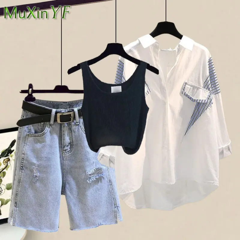 Women's 2024 Summer New Fashion Sunscreen Shirt+Tank Top+Hole Denim Shorts Three Piece Suit Korean Elegant Jeans Matching Set