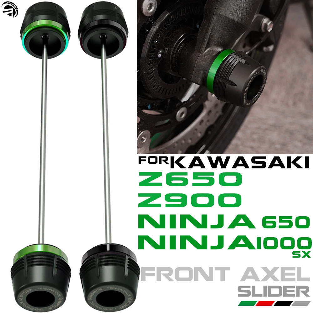 MOWOK Vorderachsen Slider Für Kawasaki Motorräder - CNC Aluminium Kollisionsschutz Grün Für Ninja 650, Z900