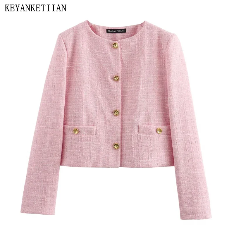 

KEYANKETIAN, новинка 2024, женский розовый твидовый костюм, весеннее однобортное пальто с О-образным вырезом и карманами, Офисная Женская короткая верхняя одежда, Топ