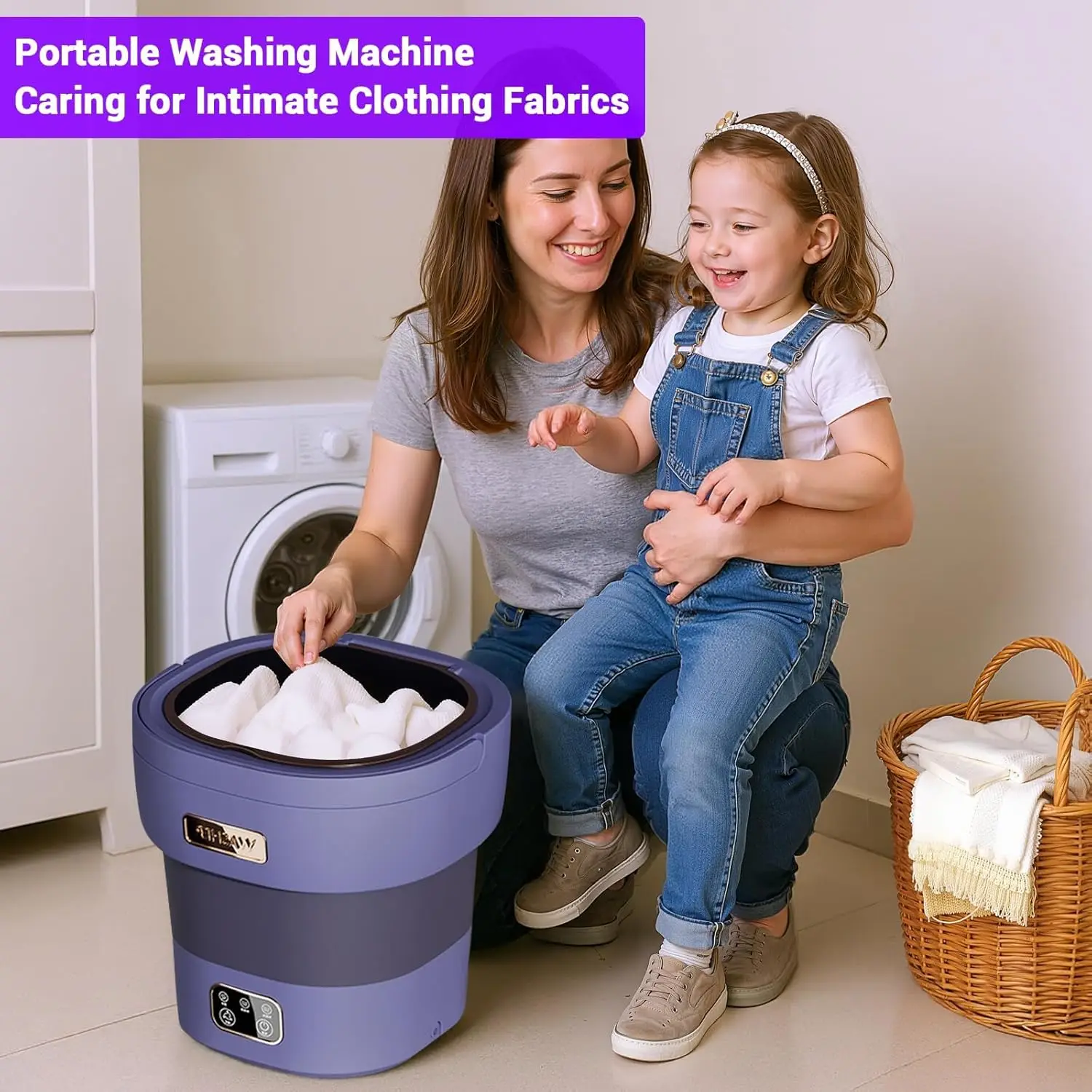 Green 12L Collapsible Mini Washing Machine & Dryer - Deep Clean for Underwear, Socks & Small Clothes - Compact Laundry Solution for Apartments, Dorms, Hotels & Travel - with Spin Basket - Light Purple (American Standard) 2
