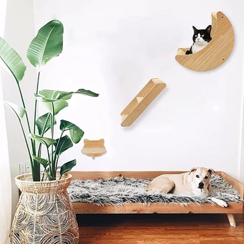 Cat Shelf Wall Hammock Climbing Shelves Moon Shaped And Perches Ladder Solid Wood Steps For Activity Indoor Cats Wall Furniture 3