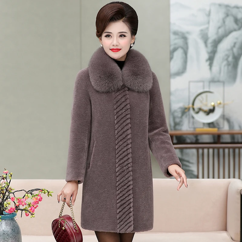 

Women 2023 Winter New Long Real Fox Fur Collar Jackets Female Sheep Shearing Warm Coats Ladies Genuine Wool Fur Overcoats O566