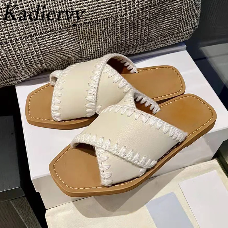 

New Flat Slippers Women Summer Genuine Leather Mules Shoes Black White Sewing Slides Women Peep Toe Casual Beach Shoes Woman