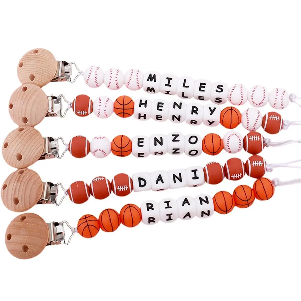 INS Pacifier Clips Personalized Name Silicone Basketball Football Baseball Beads Dummy Nipple Holder Chain Infant Teether Gift