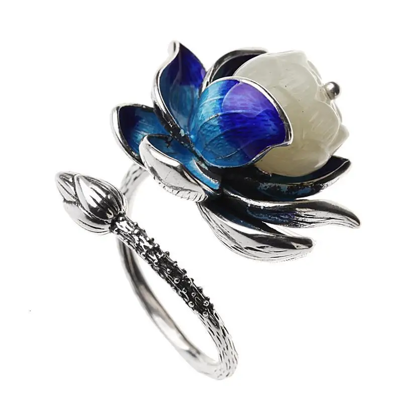 Silver Ring Natural Hetian jade Enamel Porcelain Lotus Canopy Open Ring Chinese Retro Design Jewelry