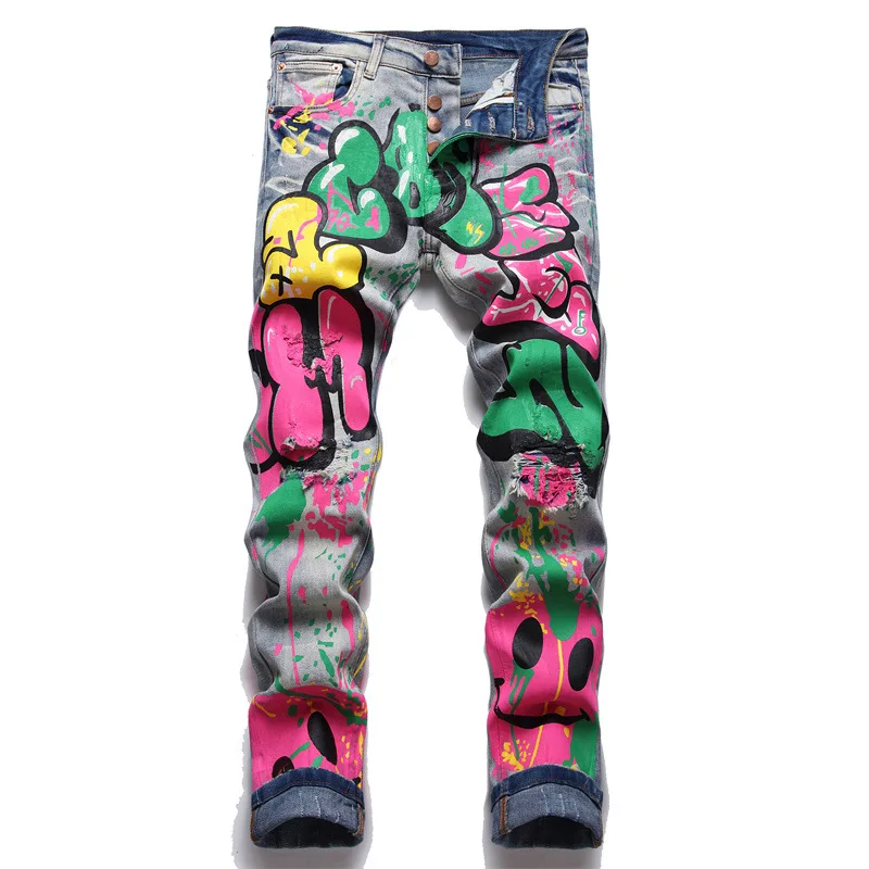 

Men Colored Doodle Painted Denim Jeans Streetwear Punk Stretch Denim Print Pants Buttons Fly Holes Ripped Slim Pencil Trousers