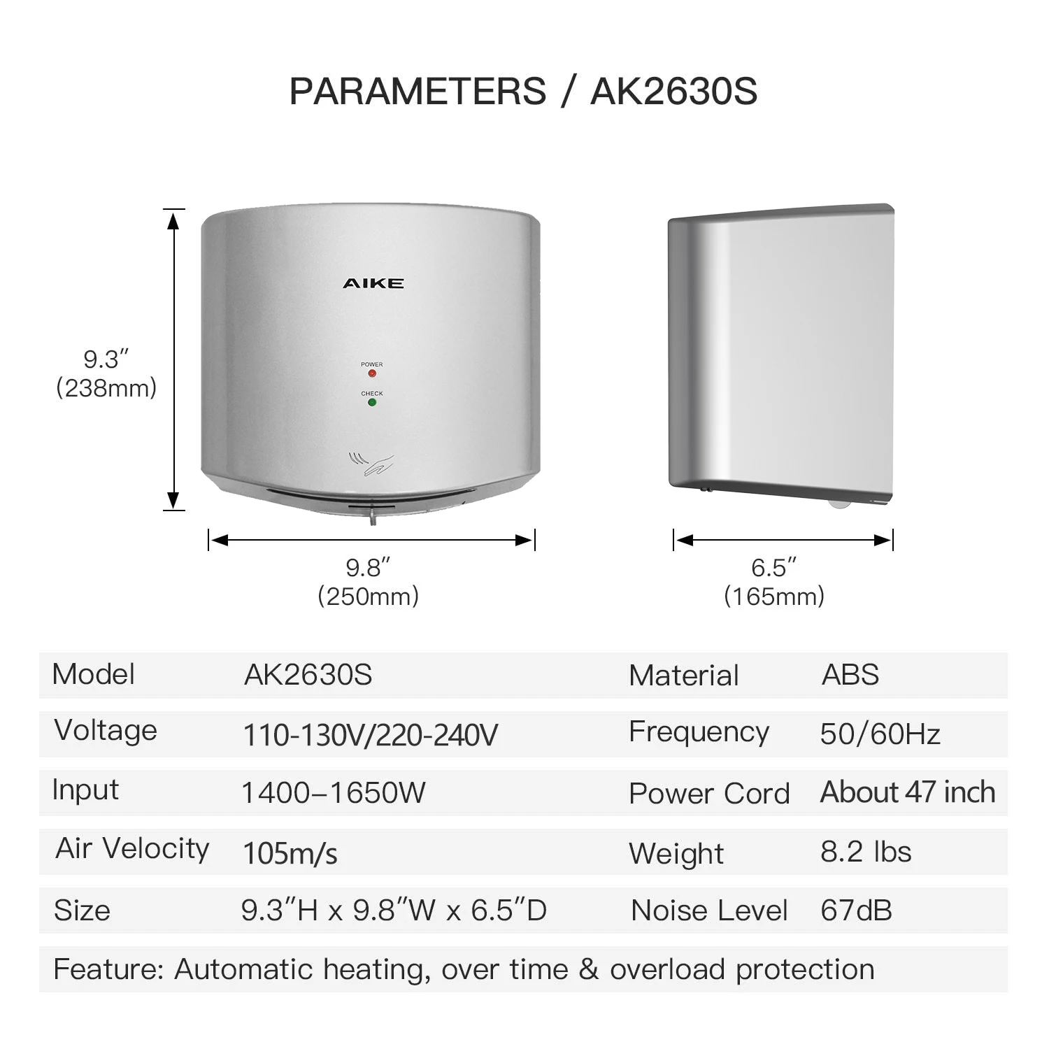 AIKE Automatic Hands Dryer High Speed 105m/s 1400-1650W Cold and Warm Air  Electric Hands Drying Machine Hand Dryer for Bathroom