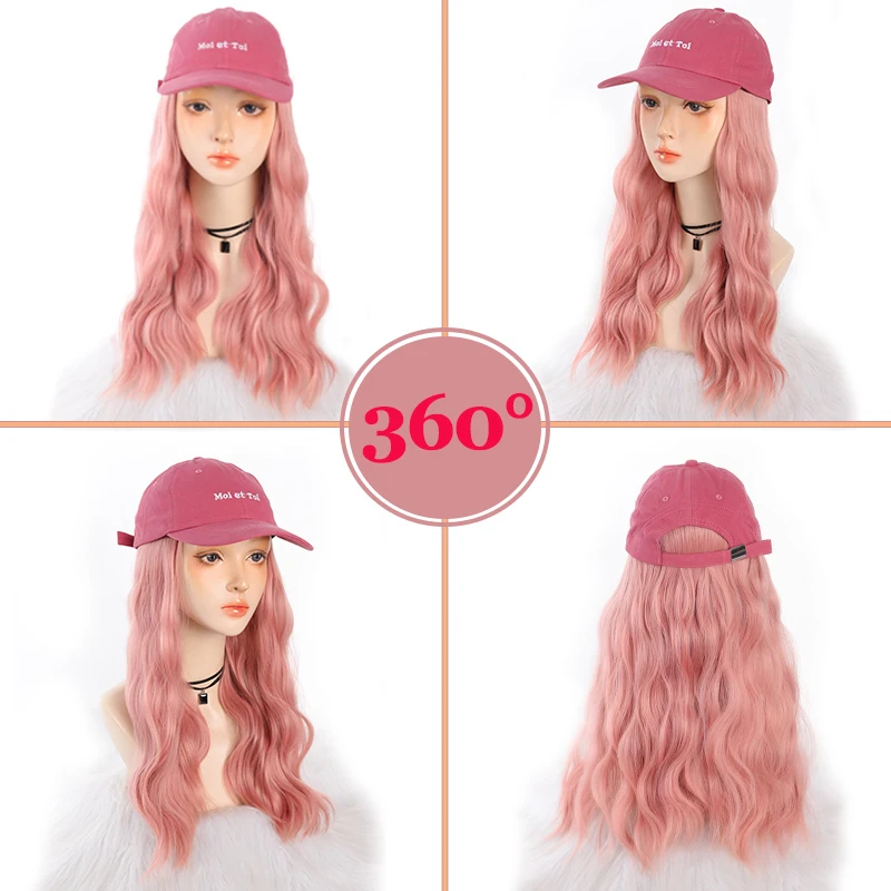 LUPU Hat Wig Pink Wavy Baseball Cap, Suitable for Women and Girls Adjustable Baseball Cap Heat-Resistant Synthetic Wig