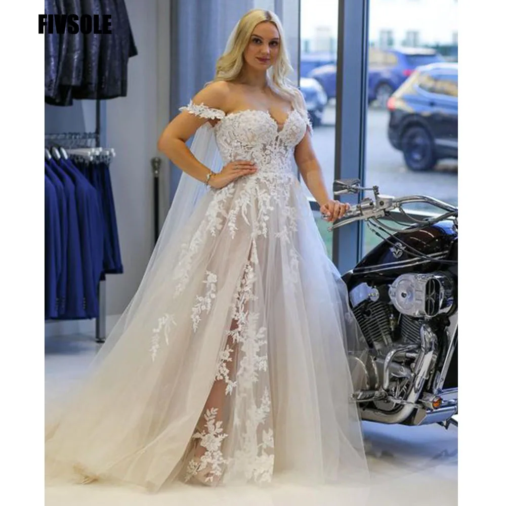 

Fivsole Sweetheart Beach Wedding Dress Leg Slit Tulle Off Shoulder Vestidos De Novia Lace Appliques Robe De Mariée Bridal Gonws