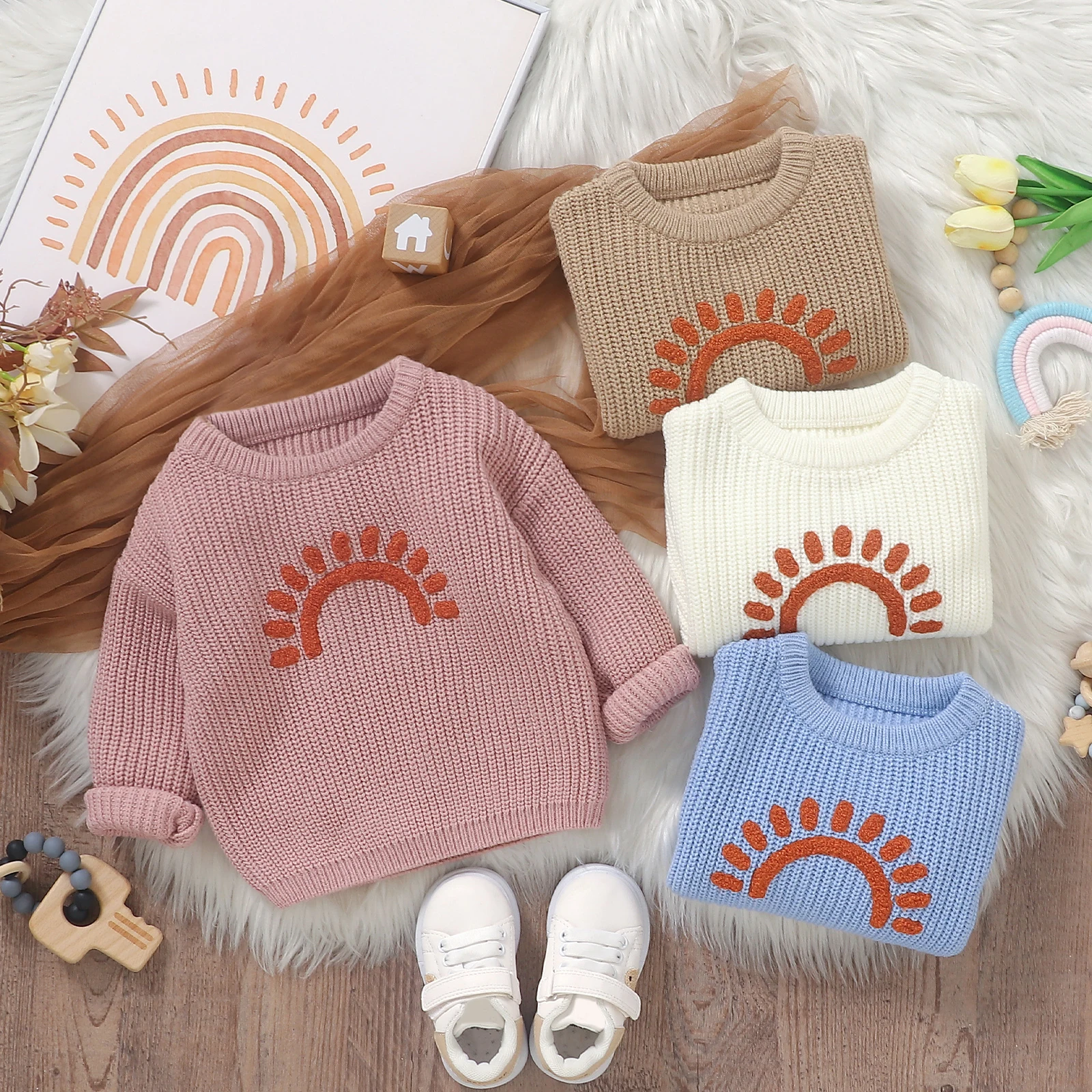 Newborn Baby Girl Boy Sweater Sun Embroidery Knit Long Sleeve Pullover Fall Winter Warm Clothes