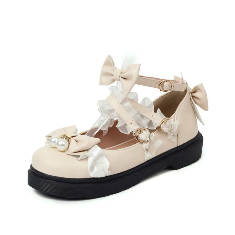 26-43 Girls Shoes Sweet Pearl Bow Flat Heel Lolita Shoes Japanese Style Cute Mary Janes Women Shoes Cosplay Princess Party Shoe