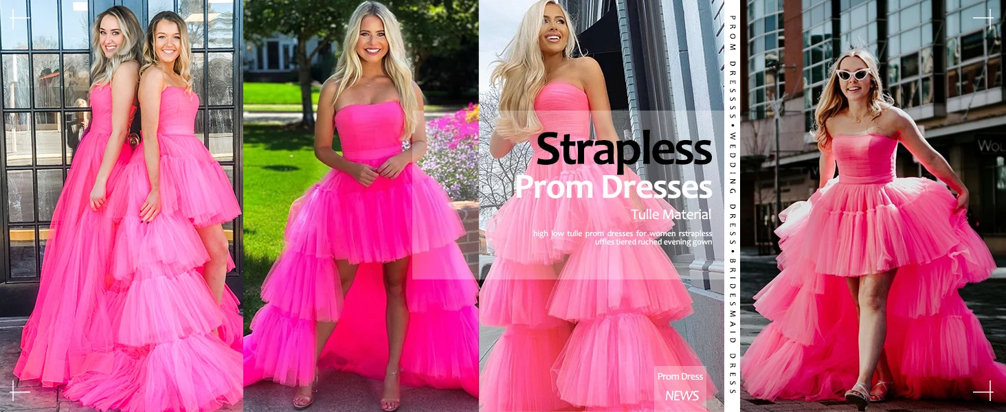 Mehrlagige High Low Trägerlose Abend- und Partykleider