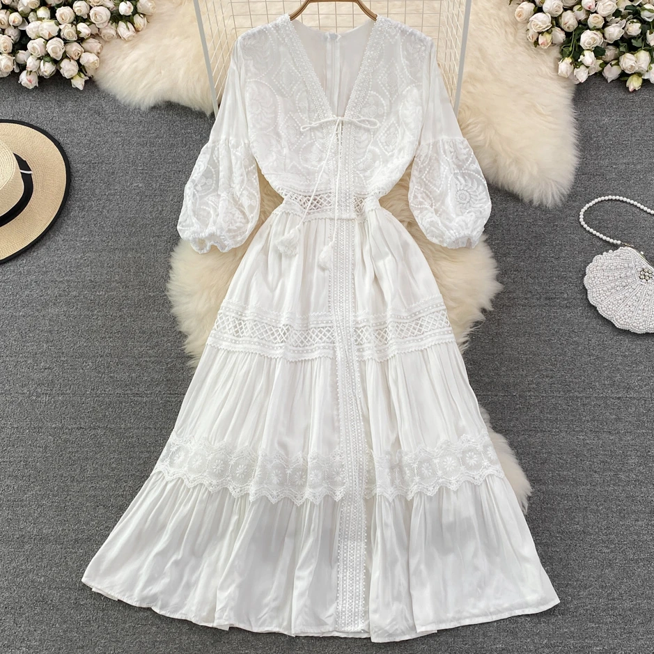 

AYUALIN Elegant V-neck Lantern Sleeve Long Dresses Boho Ladies Vestidos Vintage Floral Embroidery Lace Maxi Dress Women Party