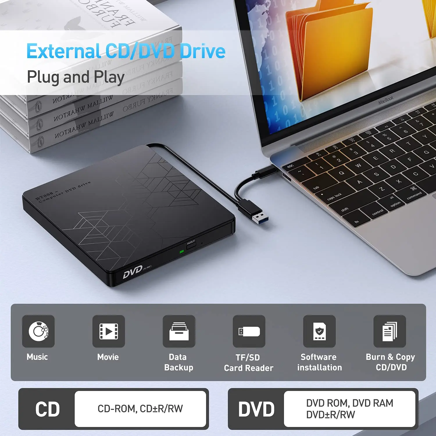 Dvd Externa com Porta Usb tipo c cd Rom Mais Adaptador rw Gravador de Dvd para Laptop pc Computador Unidade de Disco Óptico Usb 3.0 Unidade de - Imagem 6