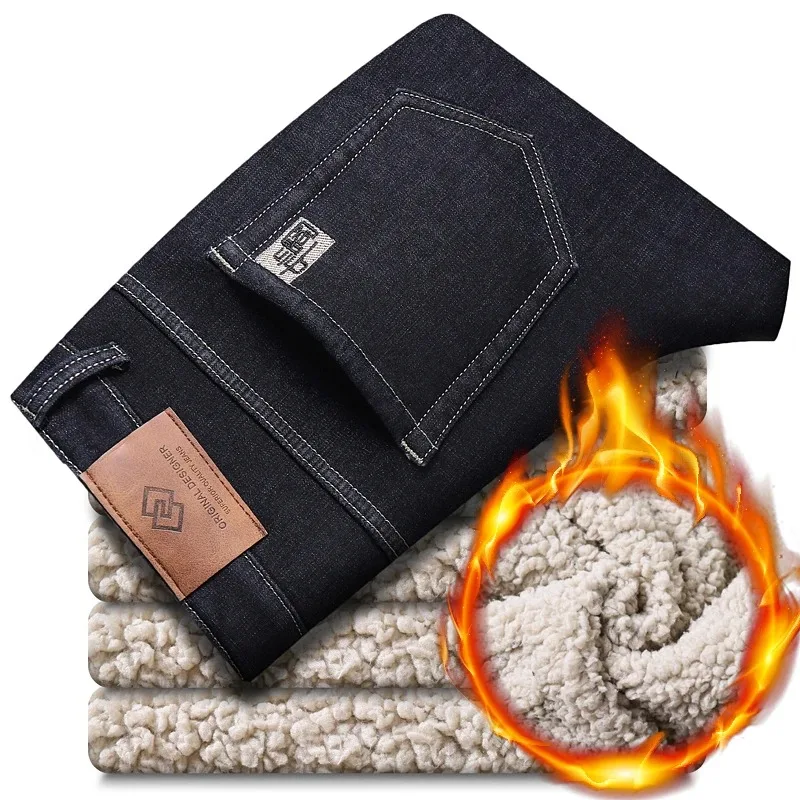 2025 Men's Business Fashion Warm Straight Fleece Jeans Classic Style Winter Thickened Denim Pants Casual Trousers Male 2