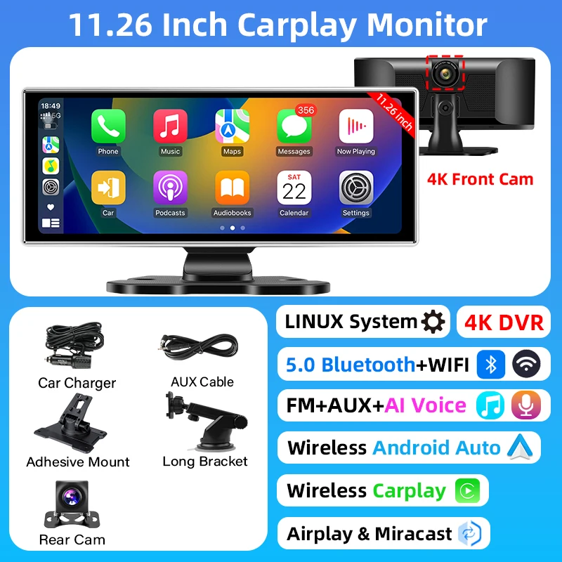 thumbnail image 1 of Cámara de tablero inalámbrica CarPlay y Android Auto de 11,26 pulgadas, DVR 4K, audio Bluetooth, navegación GPS, grabadora de video de doble lente para tablero, 1 of 5