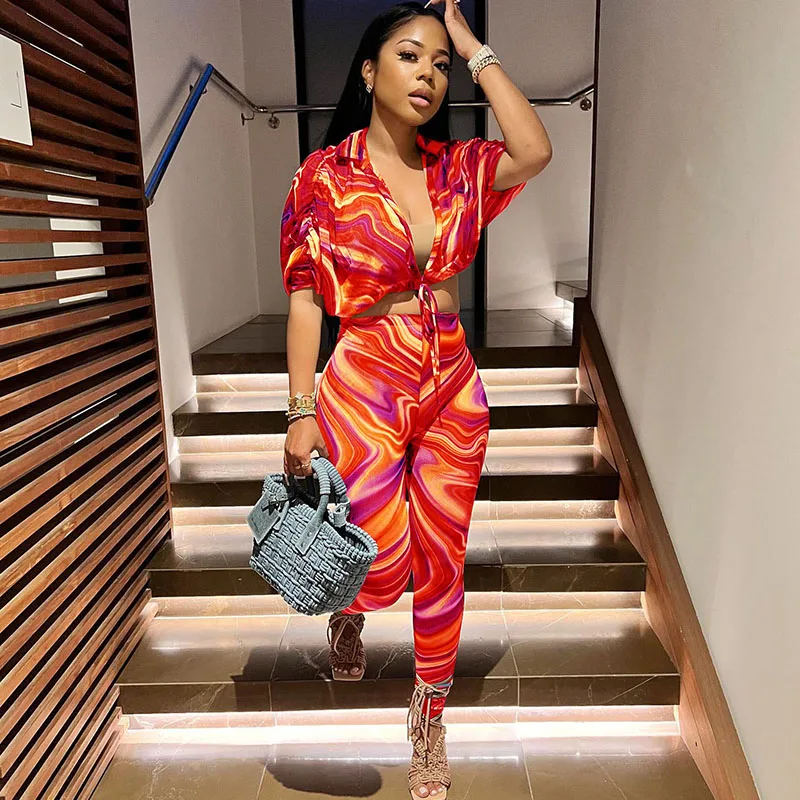 

Paisley Print 2 Piece Set for Women Summer Outfits Lace-up Shirt Top and Pencil Pants Suit Streetwear Casual Tracksuit Wholesale