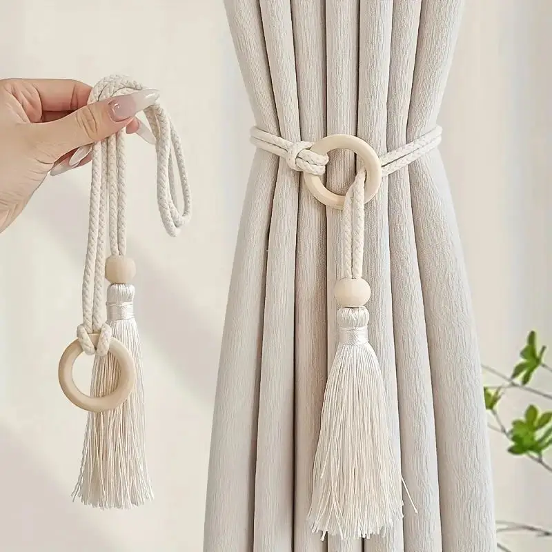 Cotton cord curtain tie fringe adjustable hand woven log loop curtain buckle strap 2pcs