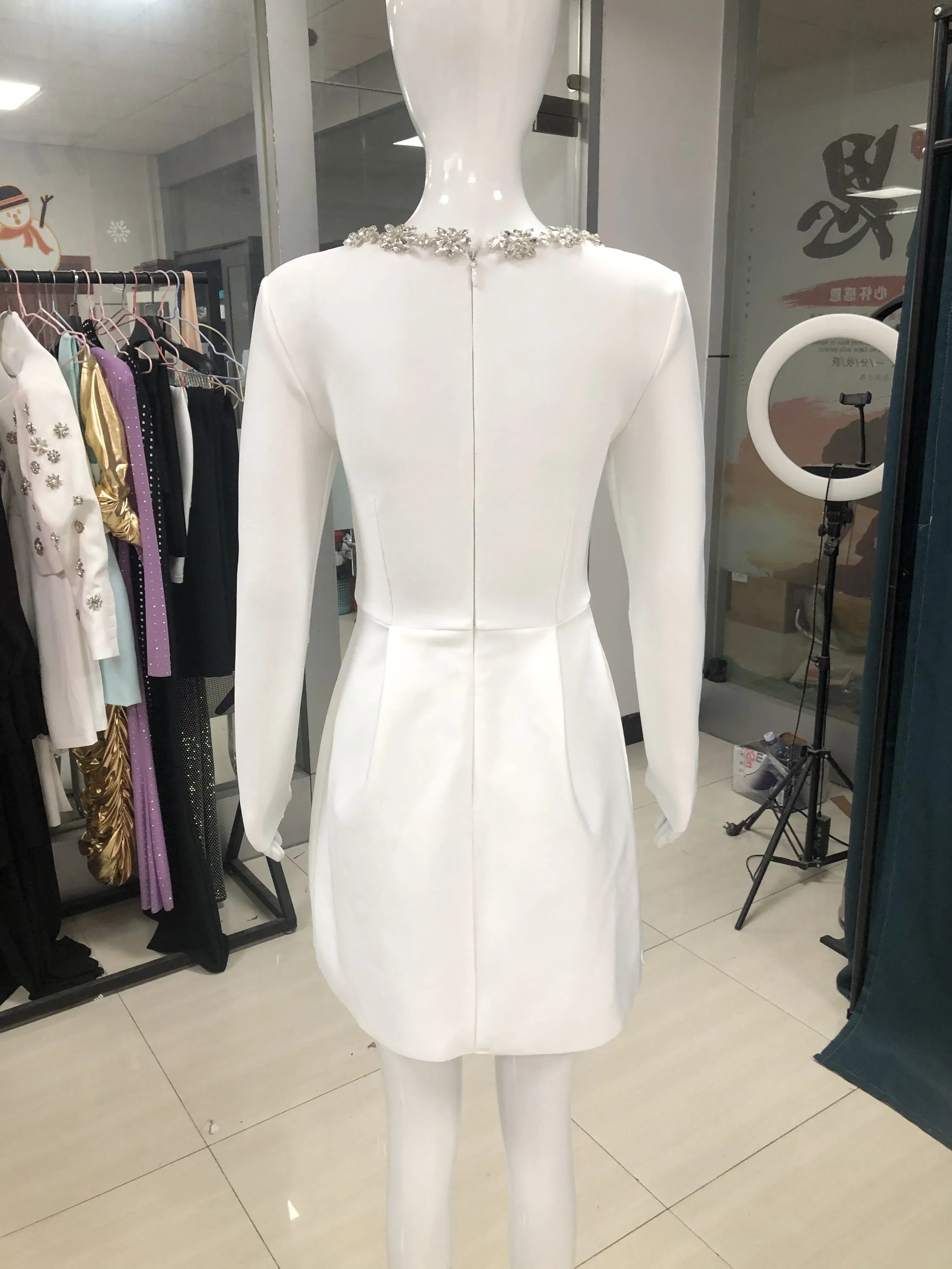 Womens Dress Summer Women's Long sleeved Square Neck Diamond Pocket Decoration A-line Bodycon Celebrity Party Mini Dress