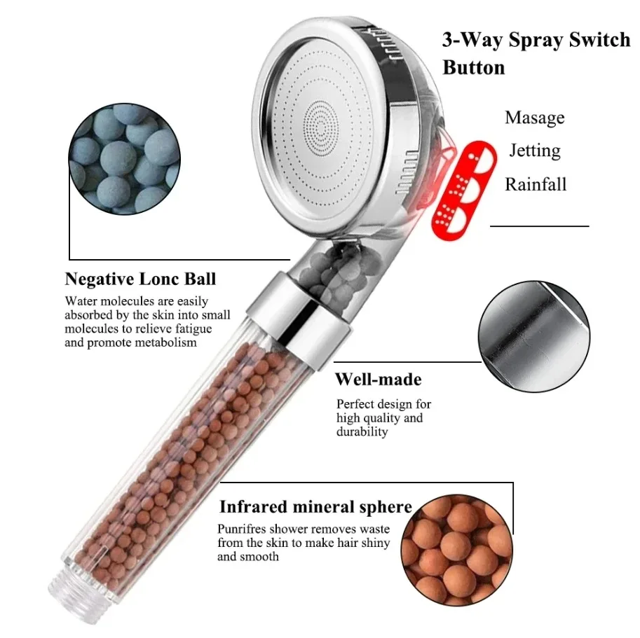 3 Functions High Pressure SPA Shower Head Saving Water Handheld Rainfall Bathroom Accessory Anion Filter Shower 3