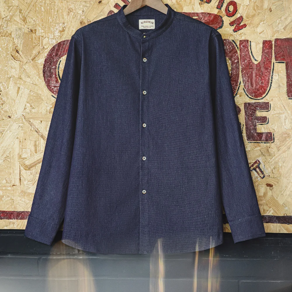 Maden Retro Cool Ice Silk Denim Shirt with Washed Round Neck Casual Solid Color Long-sleeved Shirt for Men's Autumn