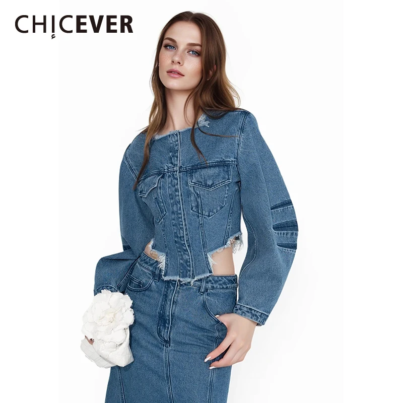 

CHICEVER Streetwear Denim Jackets For Women Round Neck Long Sleeve Single Breasted Loose Casual Hit Color Spring Coat Female