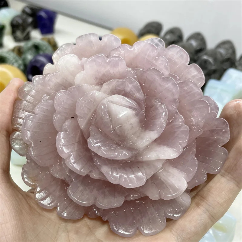 

Natural High-quality Rose Quartz Flowers Carving Crafts Energy Health Couple Gift Living Room Decoration 1pcs